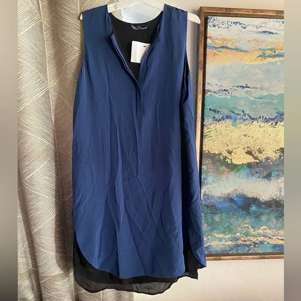 Vince Womens  Size M Split Hem 100% Silk Sleeveless Dress Blue Black Shift